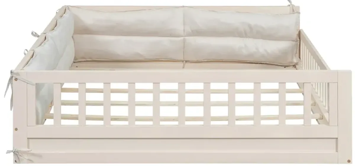 Whisen Wood Full Size Upholstered Platform Bed with Guardrail and Pillow - Beige
