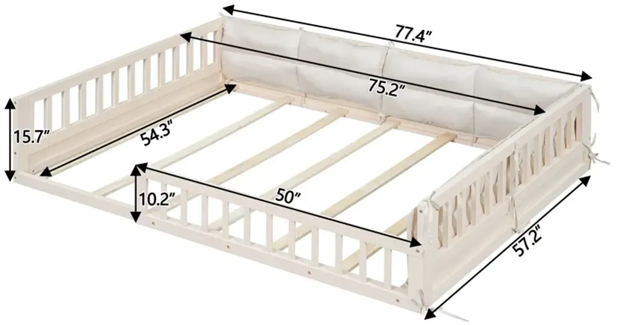 Whisen Wood Full Size Upholstered Platform Bed with Guardrail and Pillow - Beige