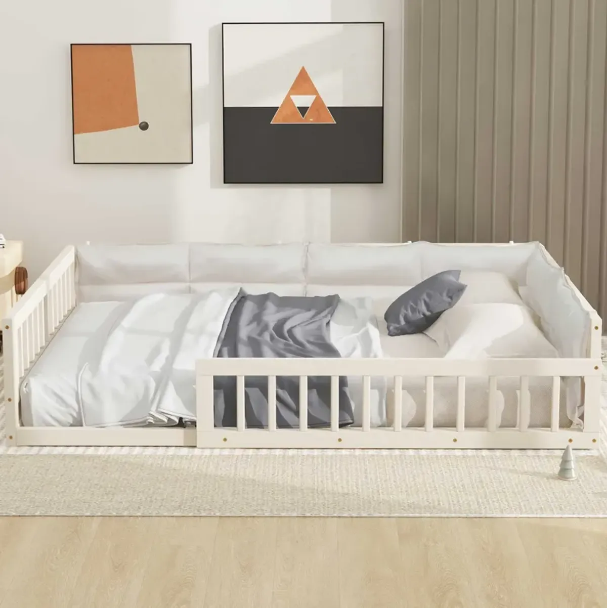 Whisen Wood Full Size Upholstered Platform Bed with Guardrail and Pillow - Beige