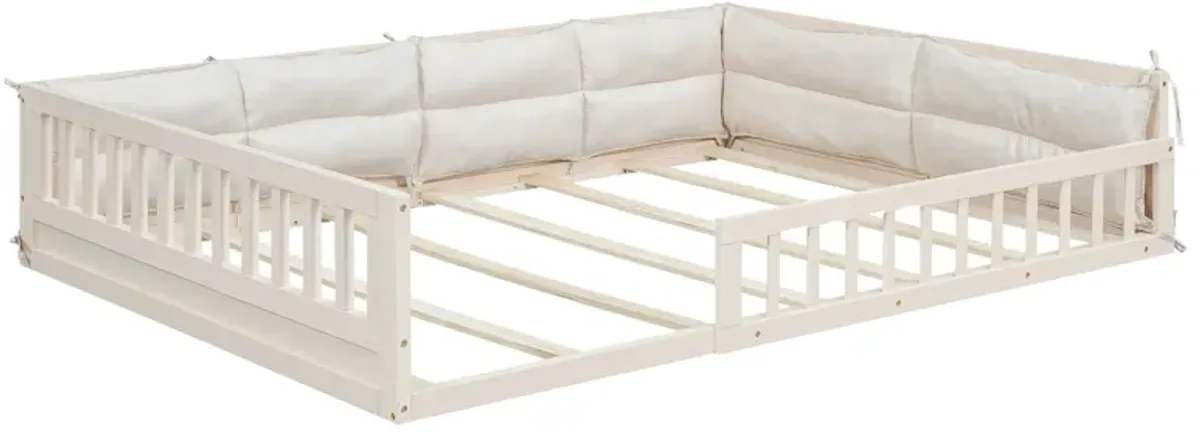 Whisen Wood Full Size Upholstered Platform Bed with Guardrail and Pillow - Beige