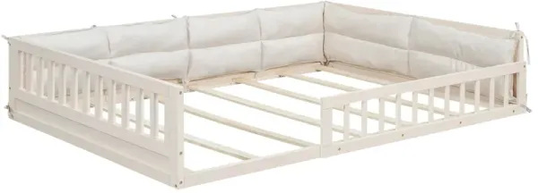 Whisen Wood Full Size Upholstered Platform Bed with Guardrail and Pillow - Beige