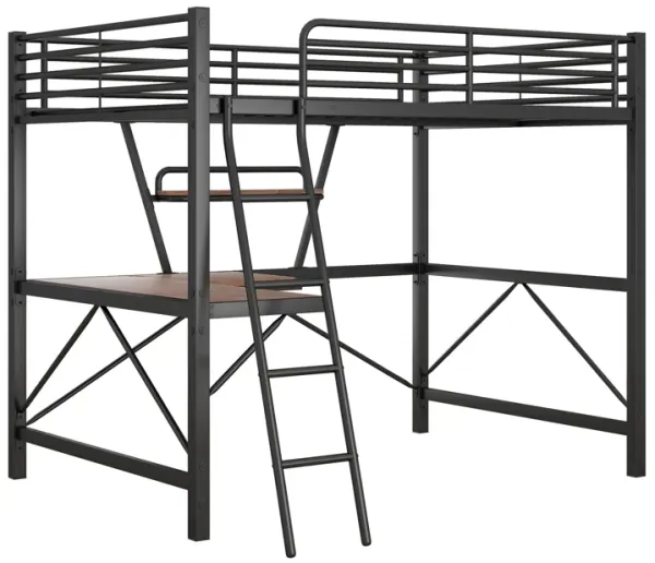 Whisen Modern Full Size Metal Loft Bed with Built-in Desk, Shelf and Ladder - Silver