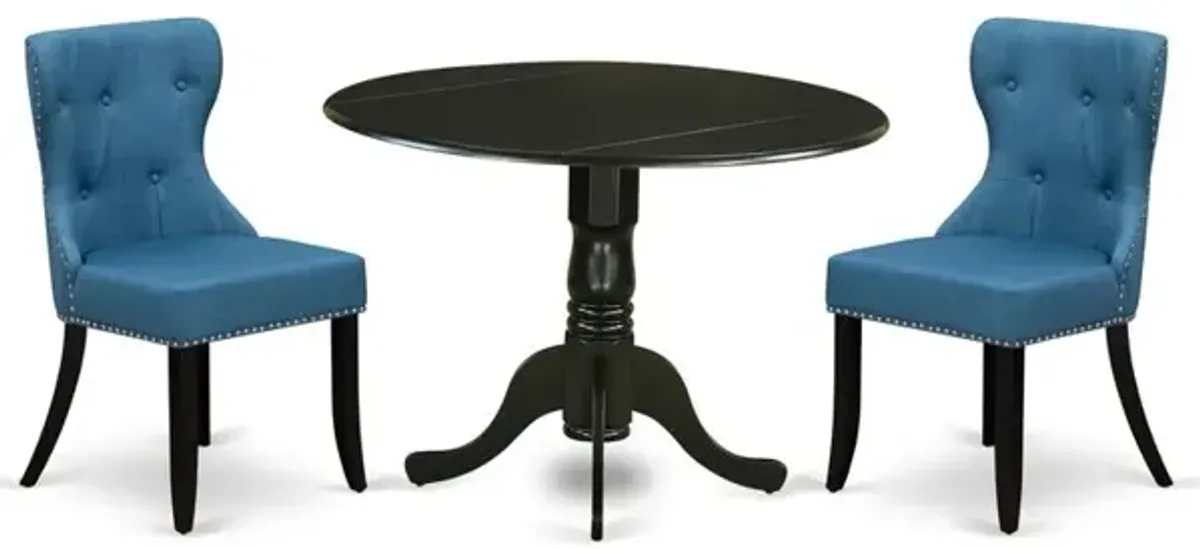 East-West Furniture DLSI3-BLK-21 - A dining room table set of two amazing indoor dining chairs with Linen Fabric Mineral Blue color and a fantastic wood pedestal kitchen table using Black color