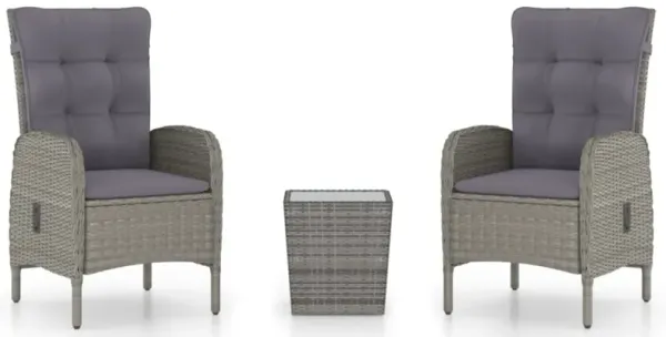 vidaXL 3 Piece Patio Bistro Set Poly Rattan and Glass Gray