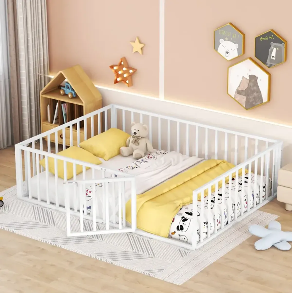 Queen Size Metal Floor Bed Frame With Fence And Door, White