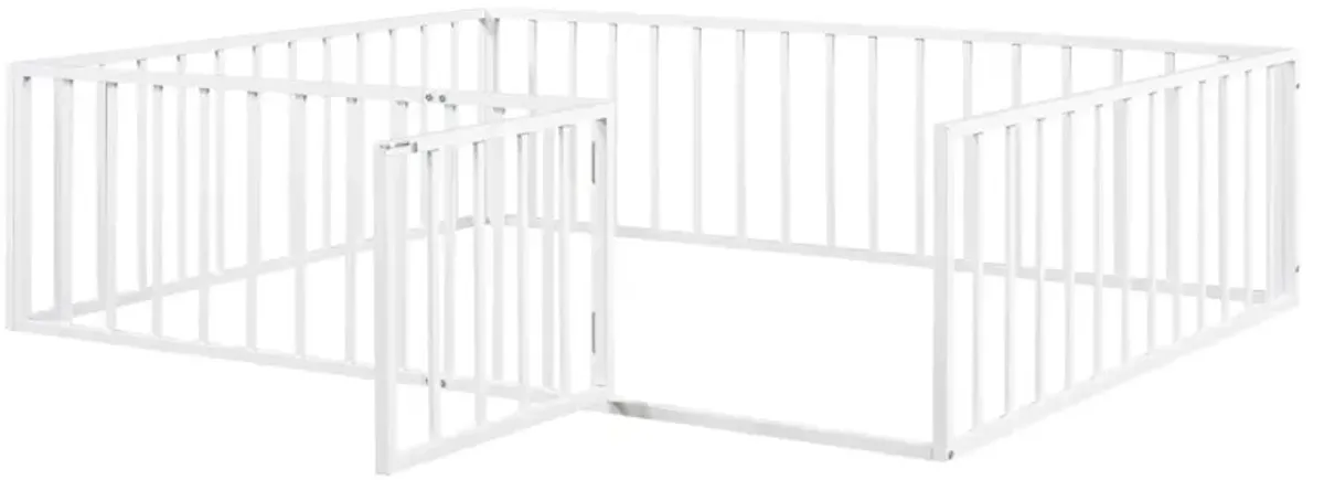 Queen Size Metal Floor Bed Frame With Fence And Door, White