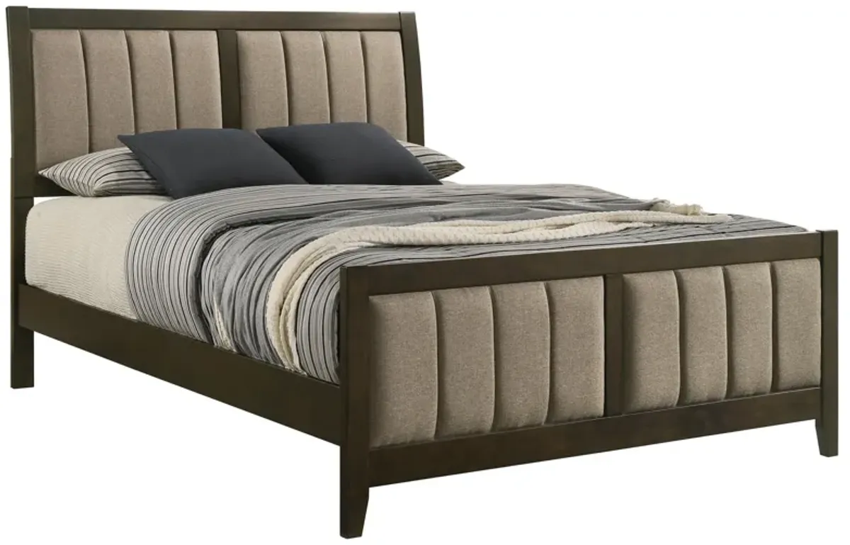 Wily Queen Size Bed, Channel Tufted Upholstered Headboard, Dark Brown - Benzara