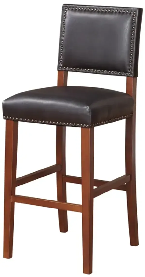 Nailhead Leatherette Bar Stool with Rectangular Backrest, Black and Brown - Benzara