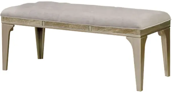 51 Inch Wood Bench, Cushioned Seat, Tapered Legs Support, Gray, Champagne Silver-Benzara