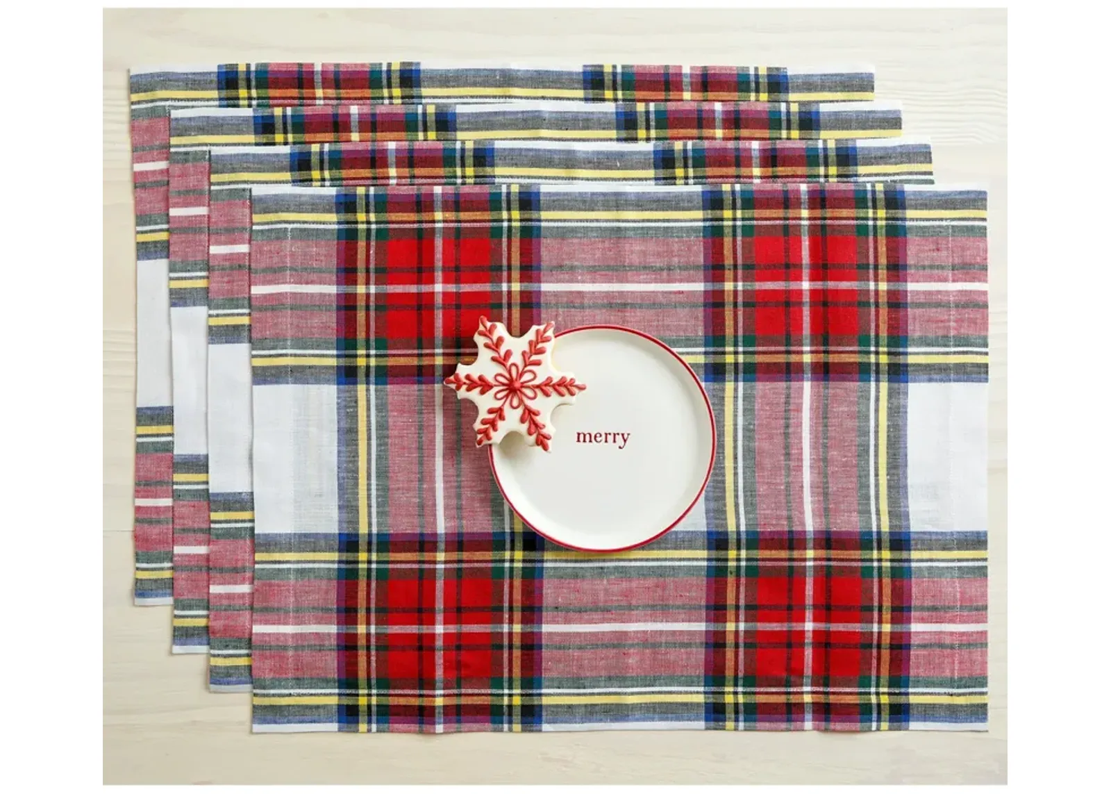 Solino Home 100% Pure Linen Double Hemstitch Placemats 14 x 19 Inch Set of 4 | Windowpane