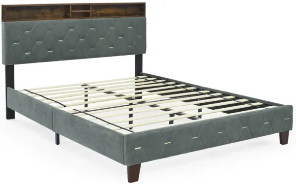 Hivvago 12 Slats QueenSized HeavyDuty Platform Bedframe with Upholstered Headboard
