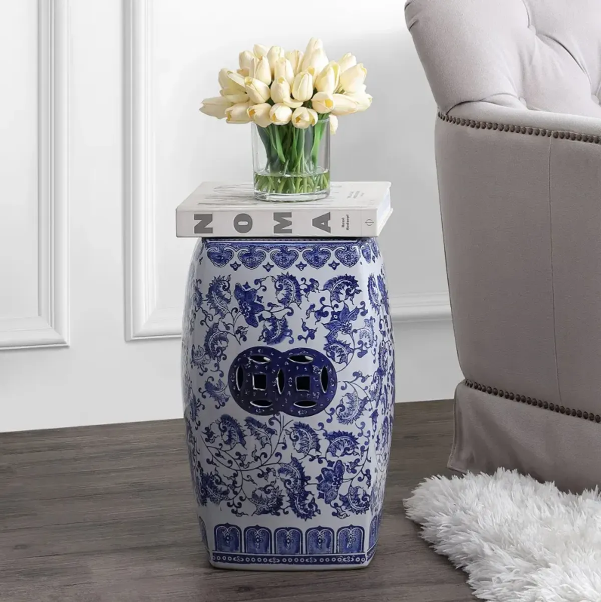 Floral Vine Chinoiserie Ceramice Square Garden Stool