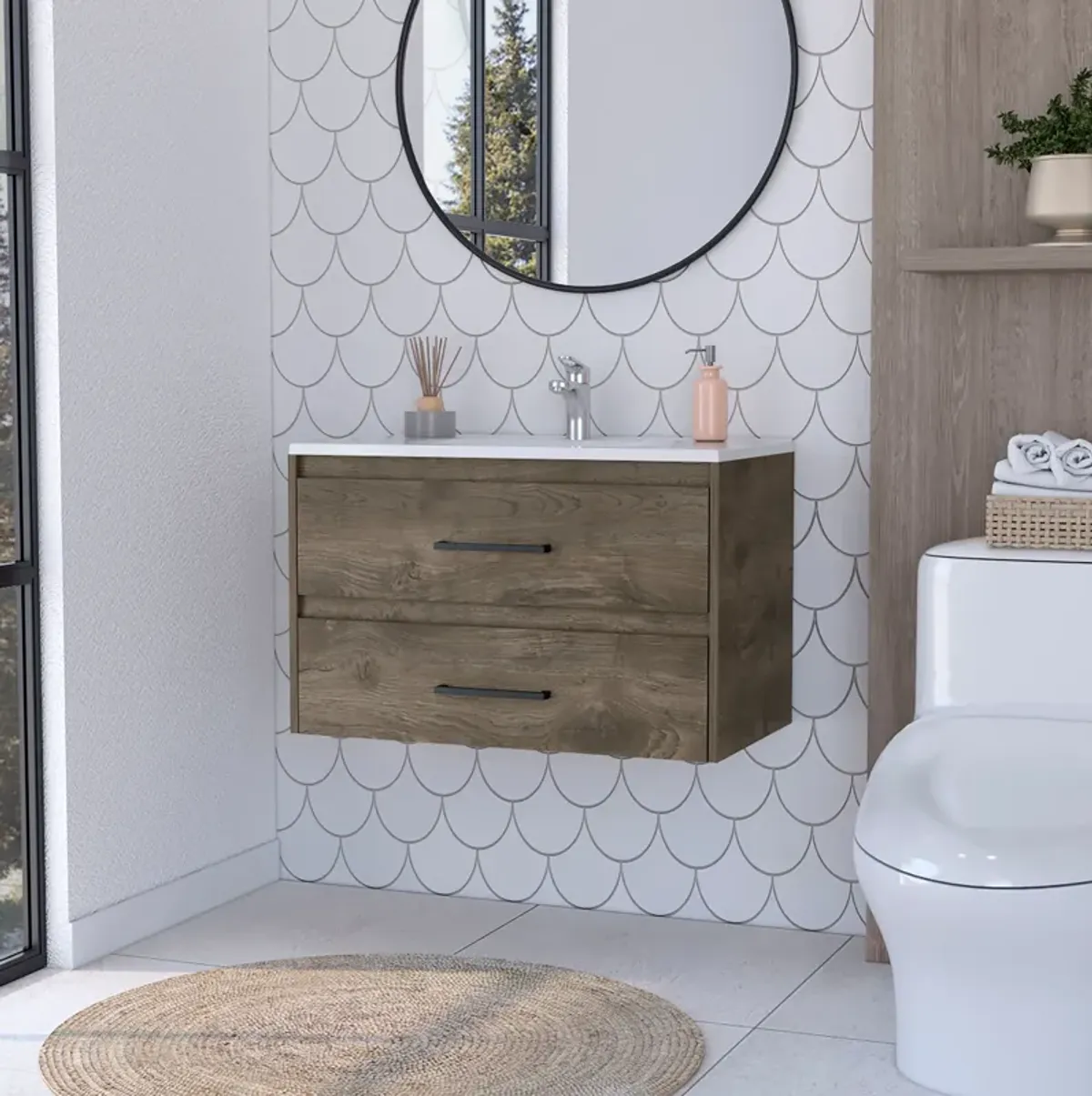 Streamdale Lafayette 2-Drawer Wall Vanity, Dark Brown/White