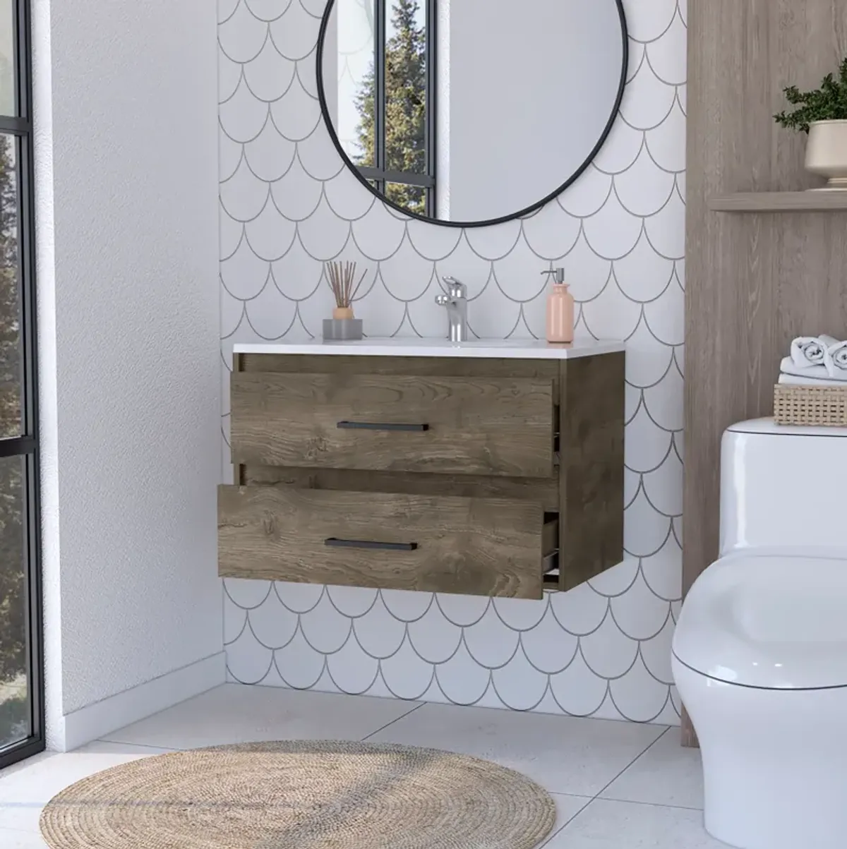 Streamdale Lafayette 2-Drawer Wall Vanity, Dark Brown/White