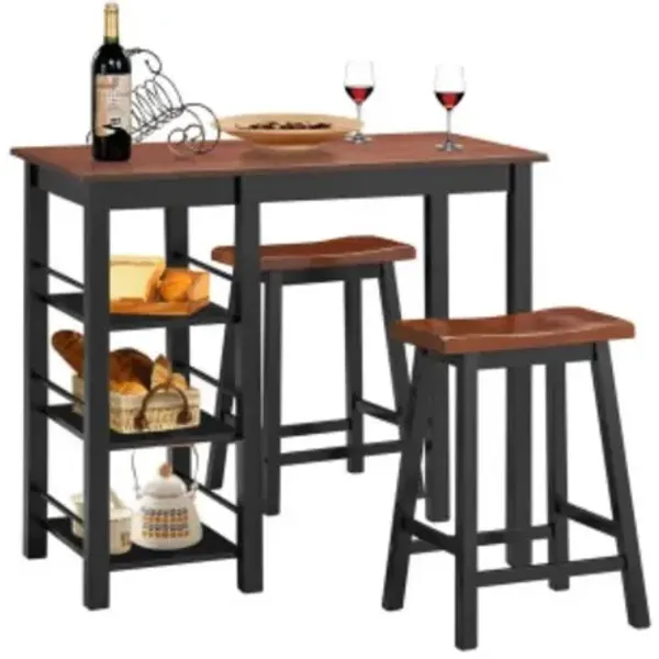 Hivvago 3 Piece Counter Height Dining Table Set with 2 Saddle Stools and Storage Shelves