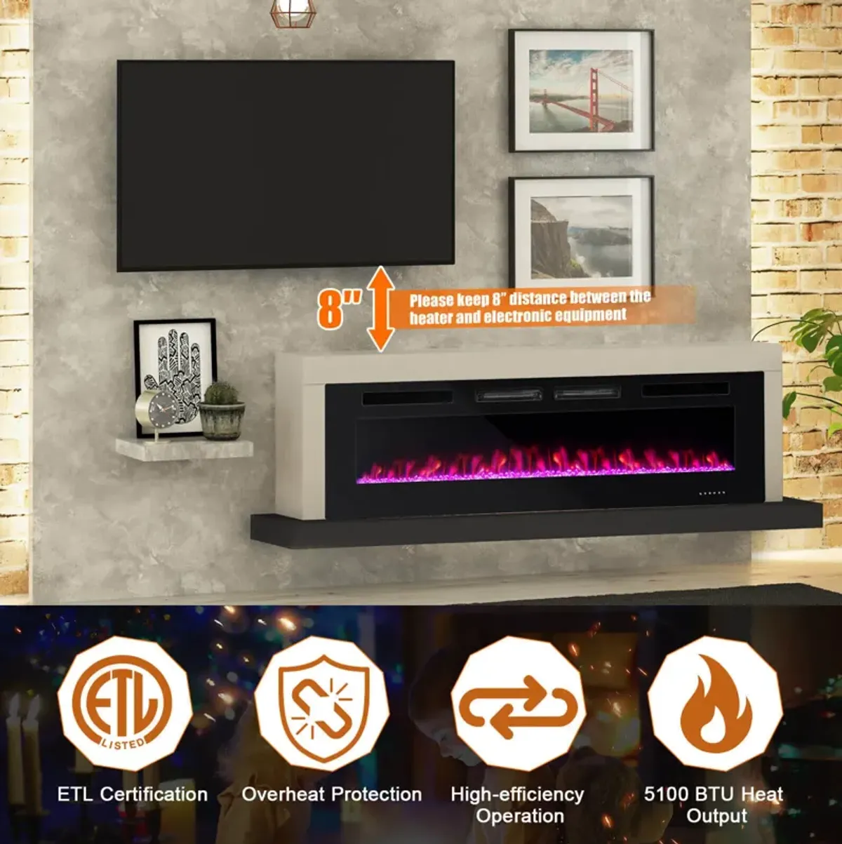 Ultra-Thin Electric Fireplace with Decorative Crystal Display