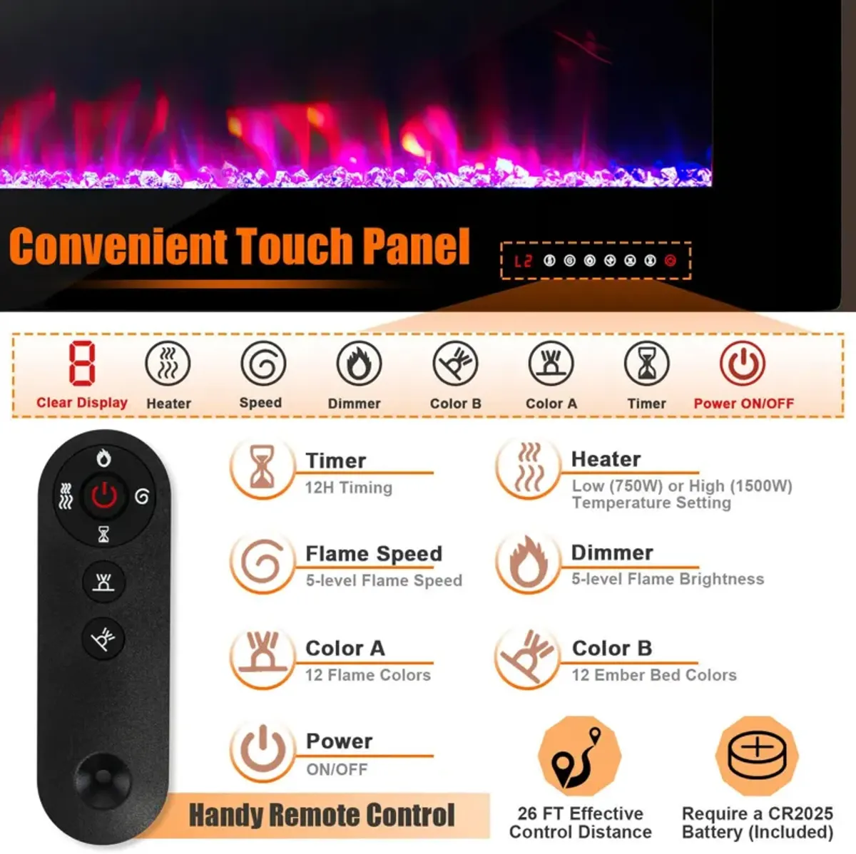 Ultra-Thin Electric Fireplace with Decorative Crystal Display