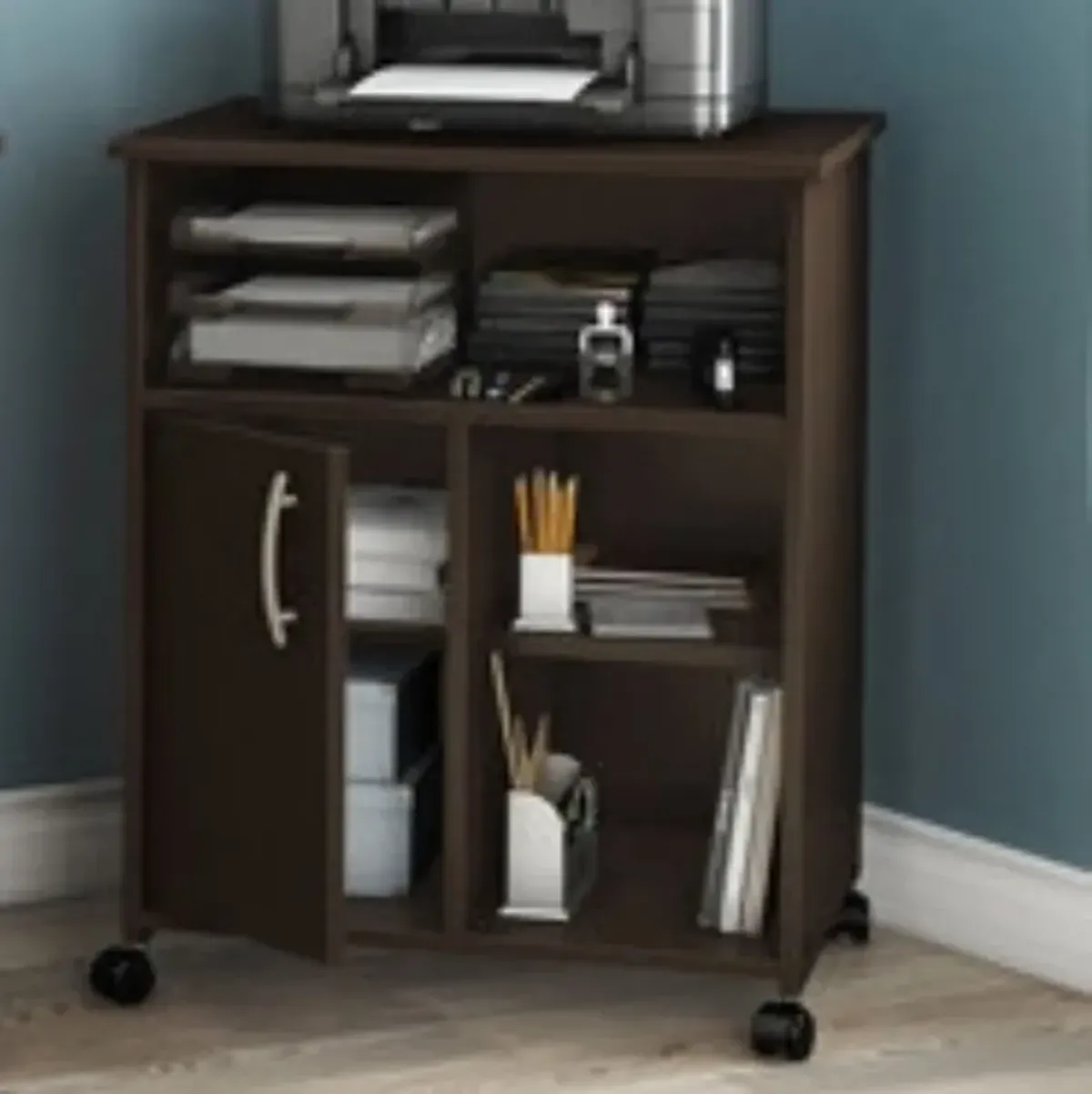 Hivvago Contemporary Printer Stand Cart with Storage Shelves in Chocolate