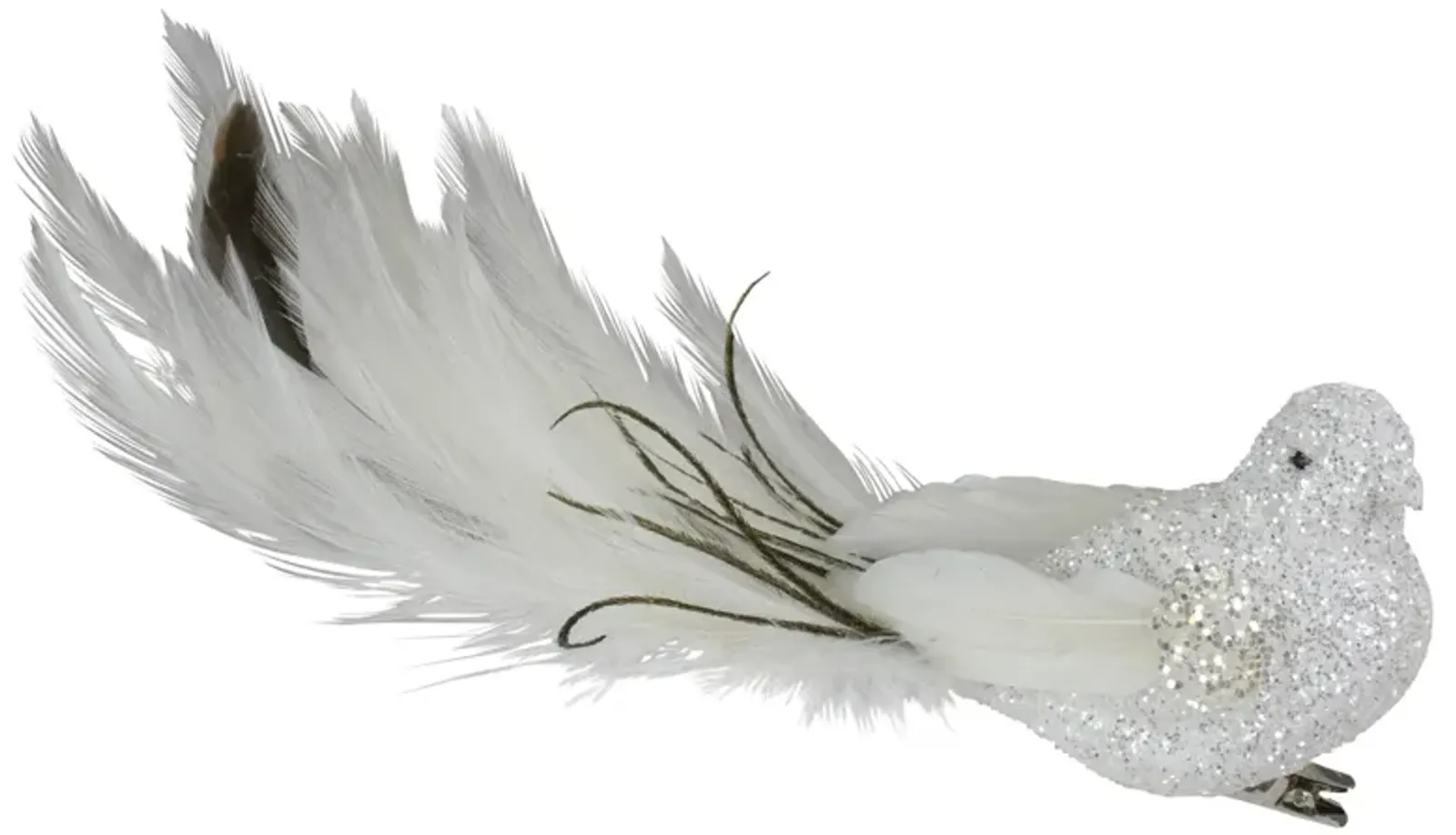 8" White and Black Glittered Bird with Feather Tail Christmas Ornament with Clip