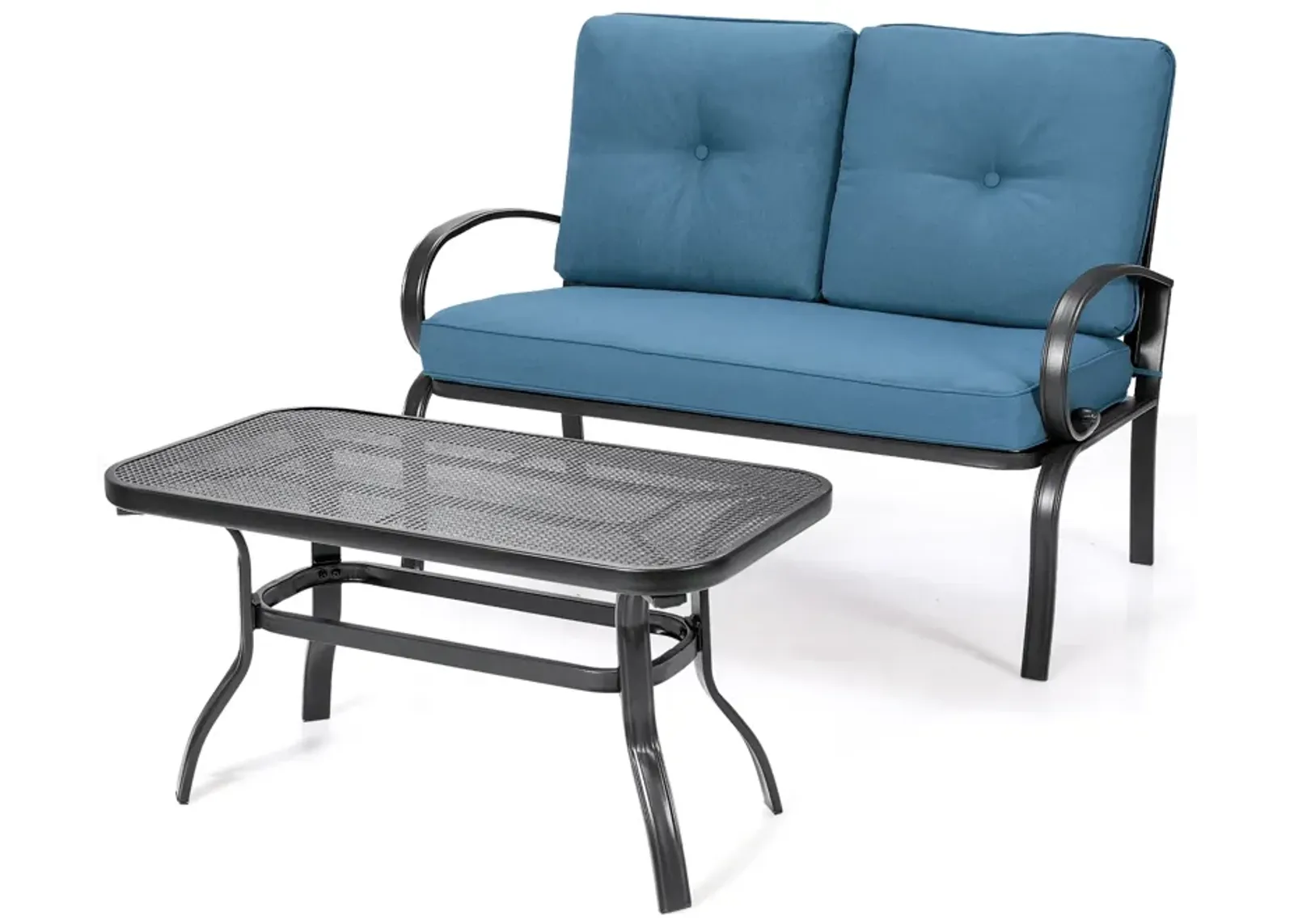 2 Pieces Patio Outdoor Cushioned Coffee Table Seat-Blue