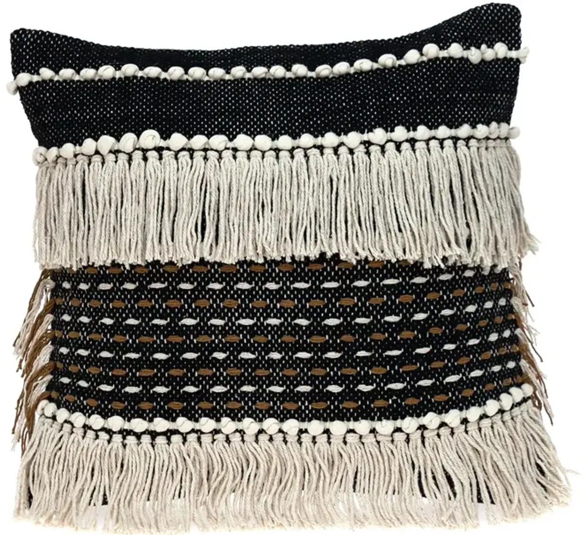 17.75" Black and Beige Hand Woven Square Throw Pillow