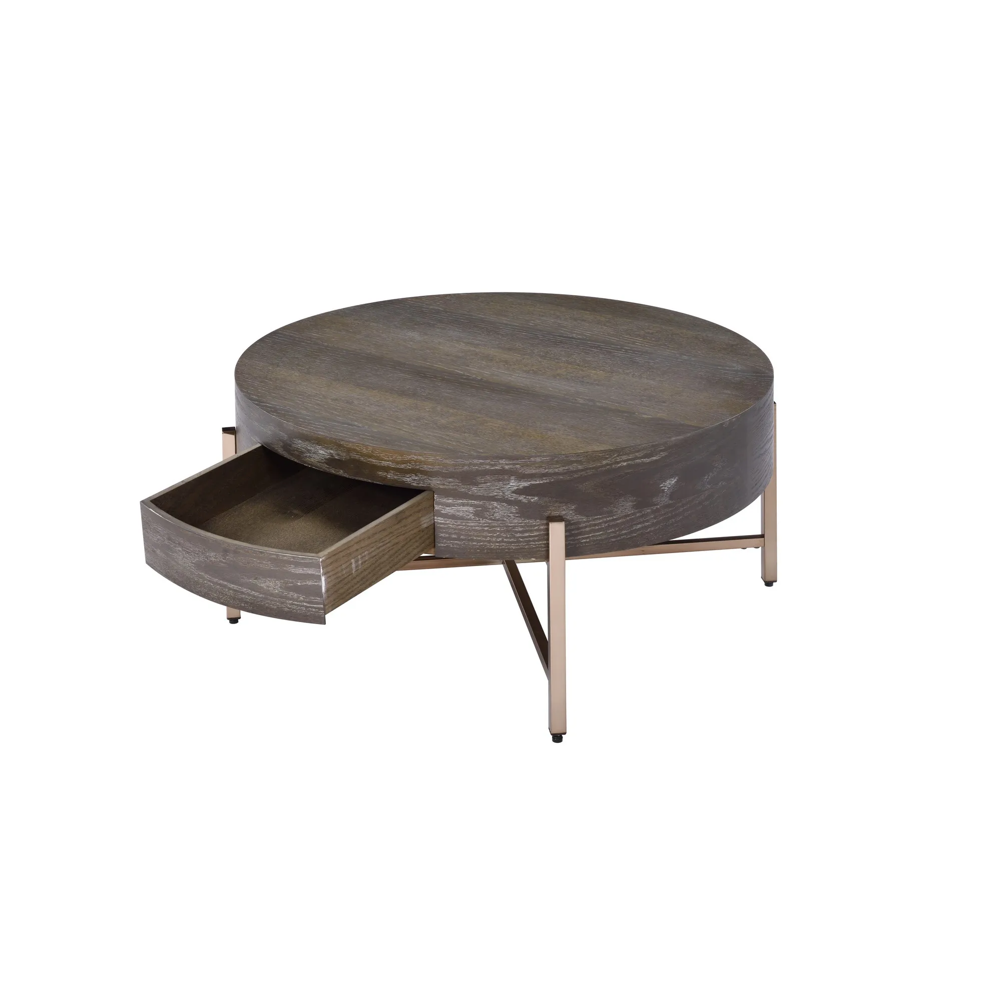 1 Drawer Round Modern Coffee Table with Crossed Metal Legs, Brown and Gold-Benzara