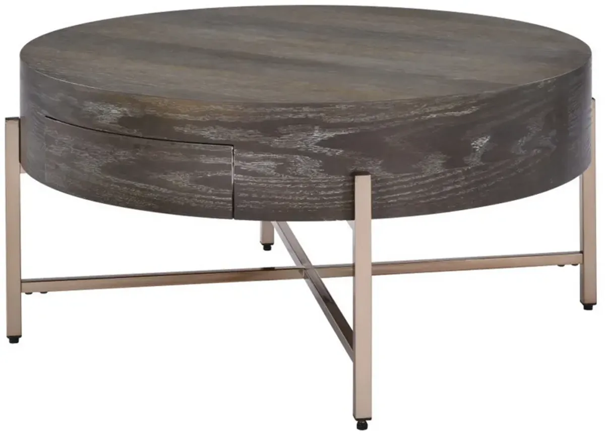 1 Drawer Round Modern Coffee Table with Crossed Metal Legs, Brown and Gold-Benzara