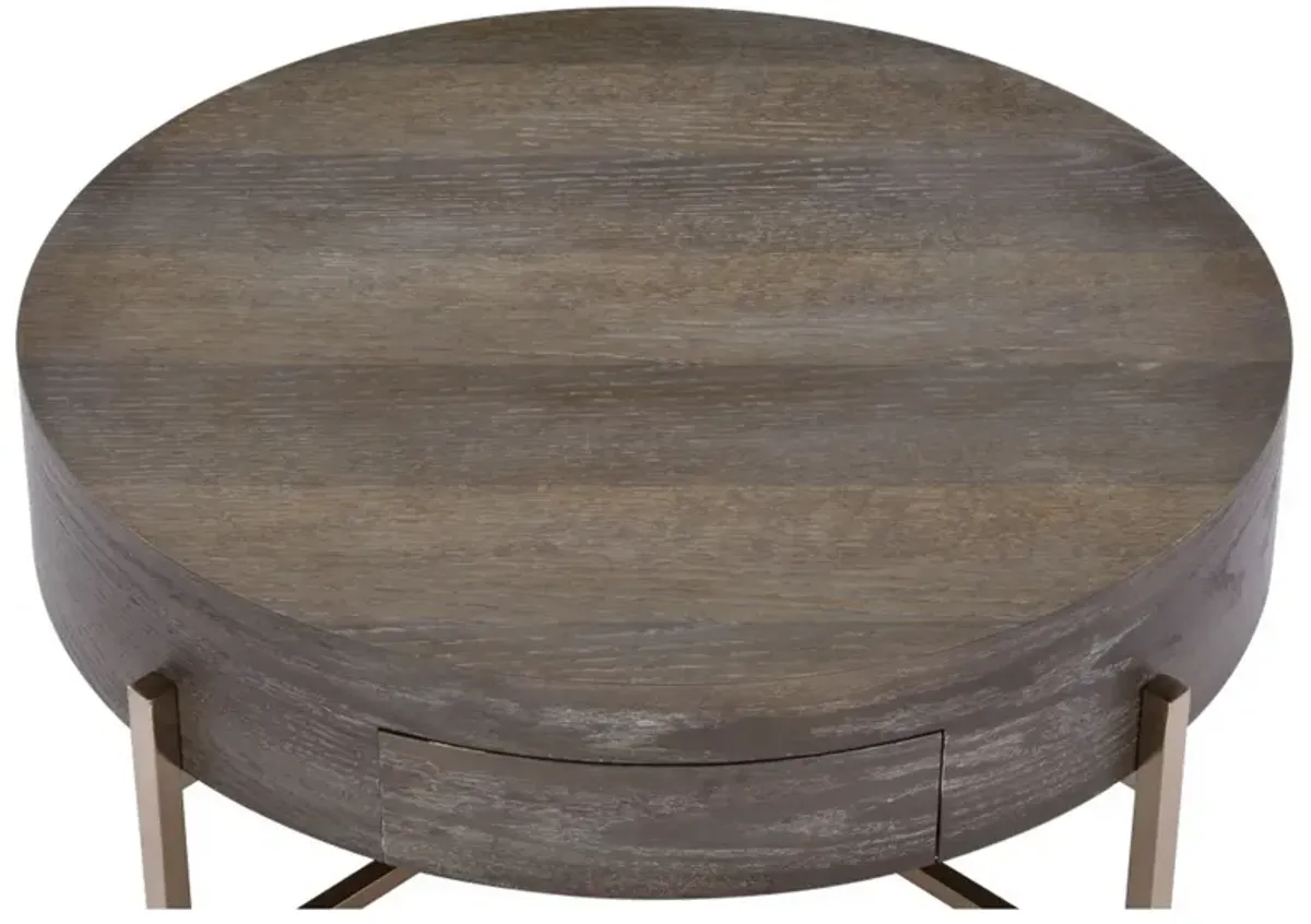 1 Drawer Round Modern Coffee Table with Crossed Metal Legs, Brown and Gold-Benzara