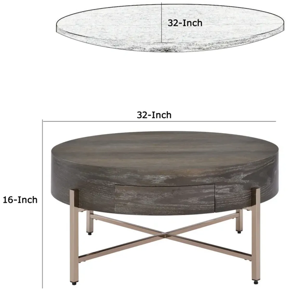 1 Drawer Round Modern Coffee Table with Crossed Metal Legs, Brown and Gold-Benzara