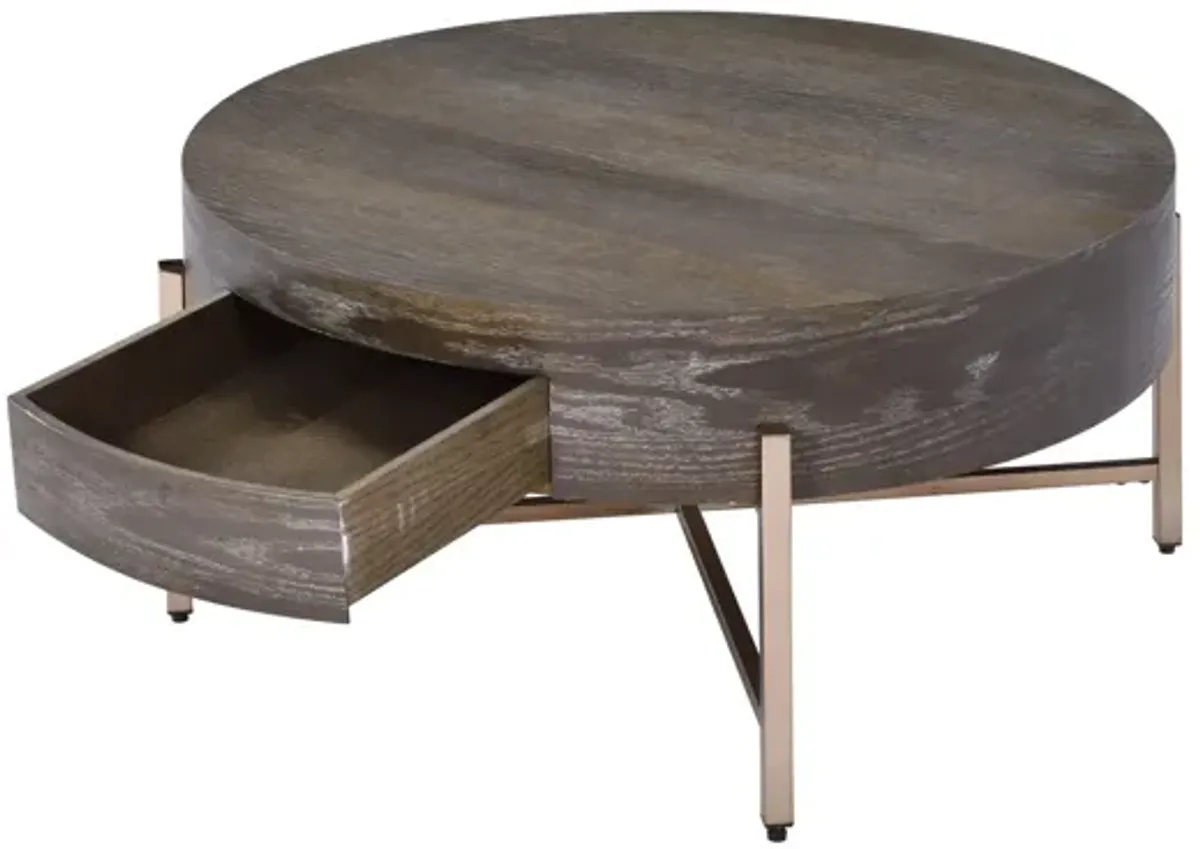 1 Drawer Round Modern Coffee Table with Crossed Metal Legs, Brown and Gold-Benzara