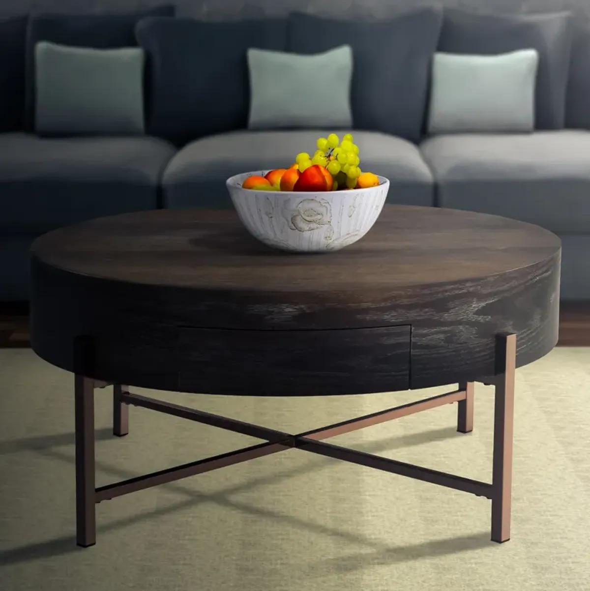 1 Drawer Round Modern Coffee Table with Crossed Metal Legs, Brown and Gold-Benzara