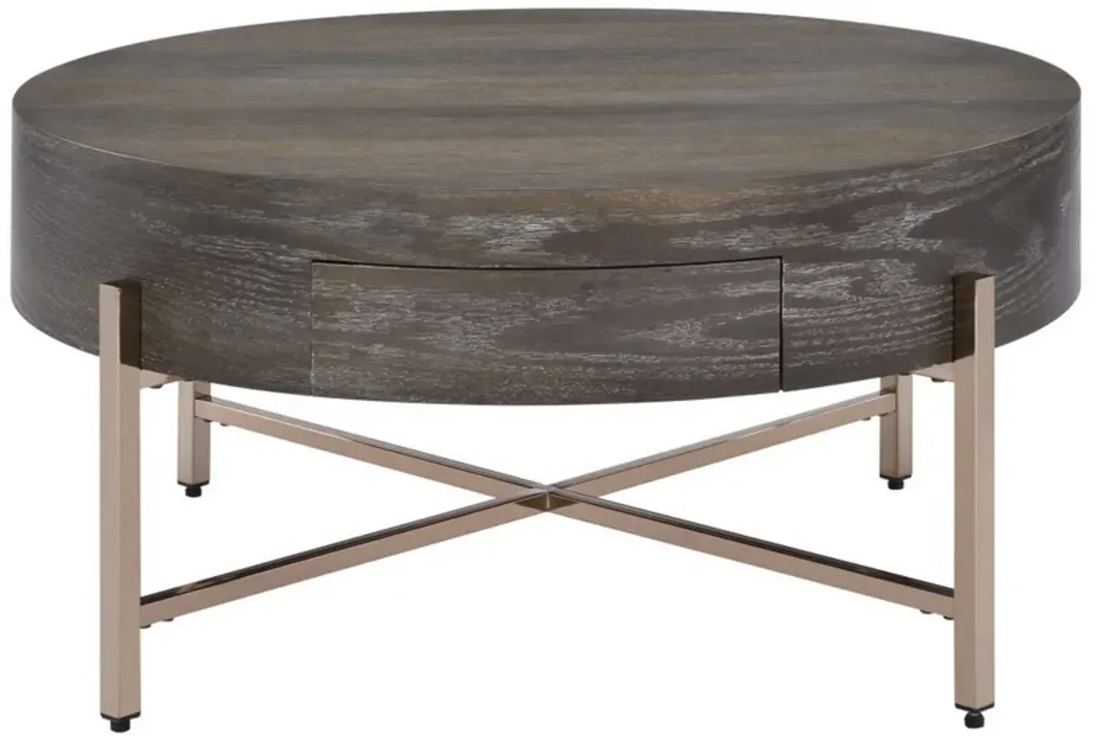 1 Drawer Round Modern Coffee Table with Crossed Metal Legs, Brown and Gold-Benzara