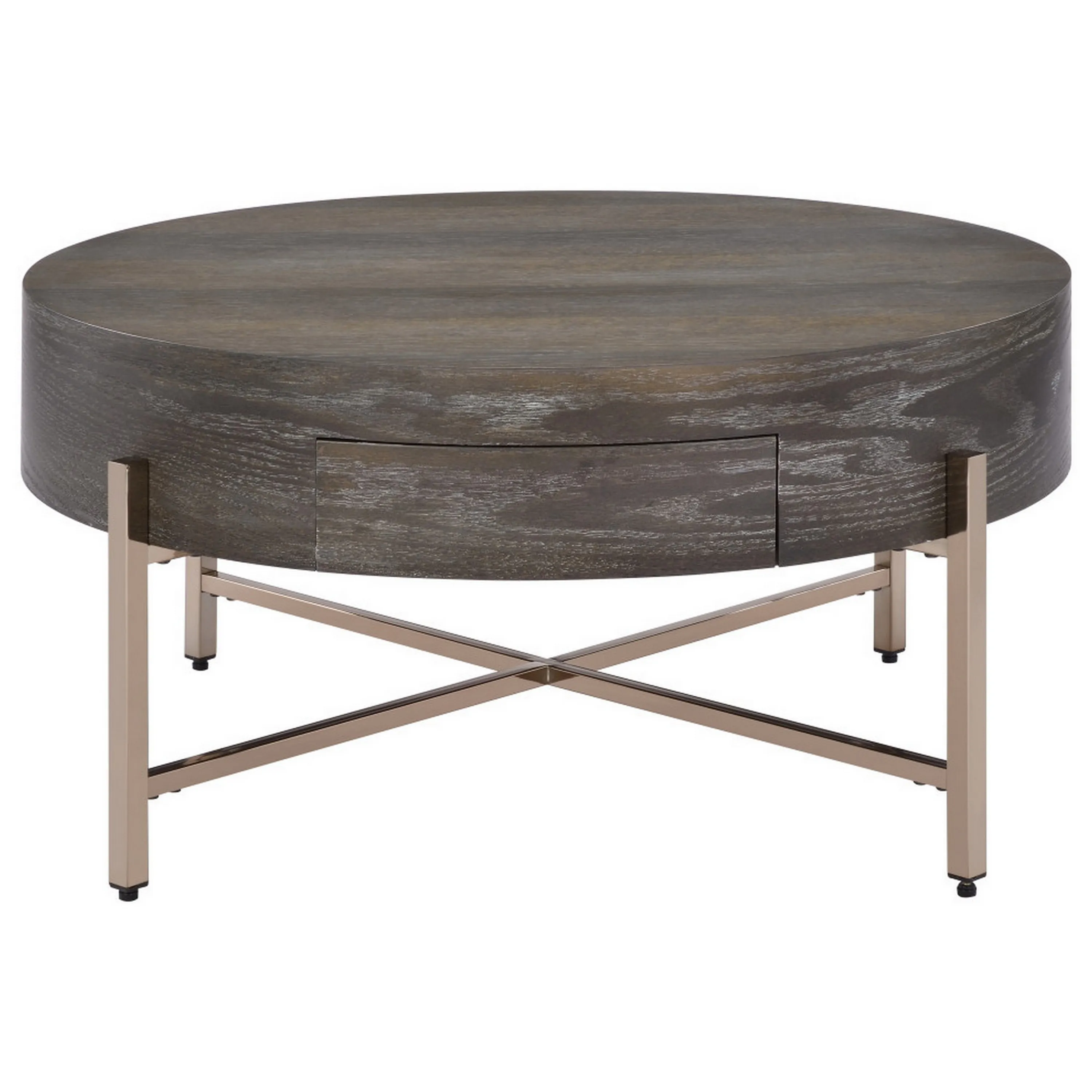 1 Drawer Round Modern Coffee Table with Crossed Metal Legs, Brown and Gold-Benzara