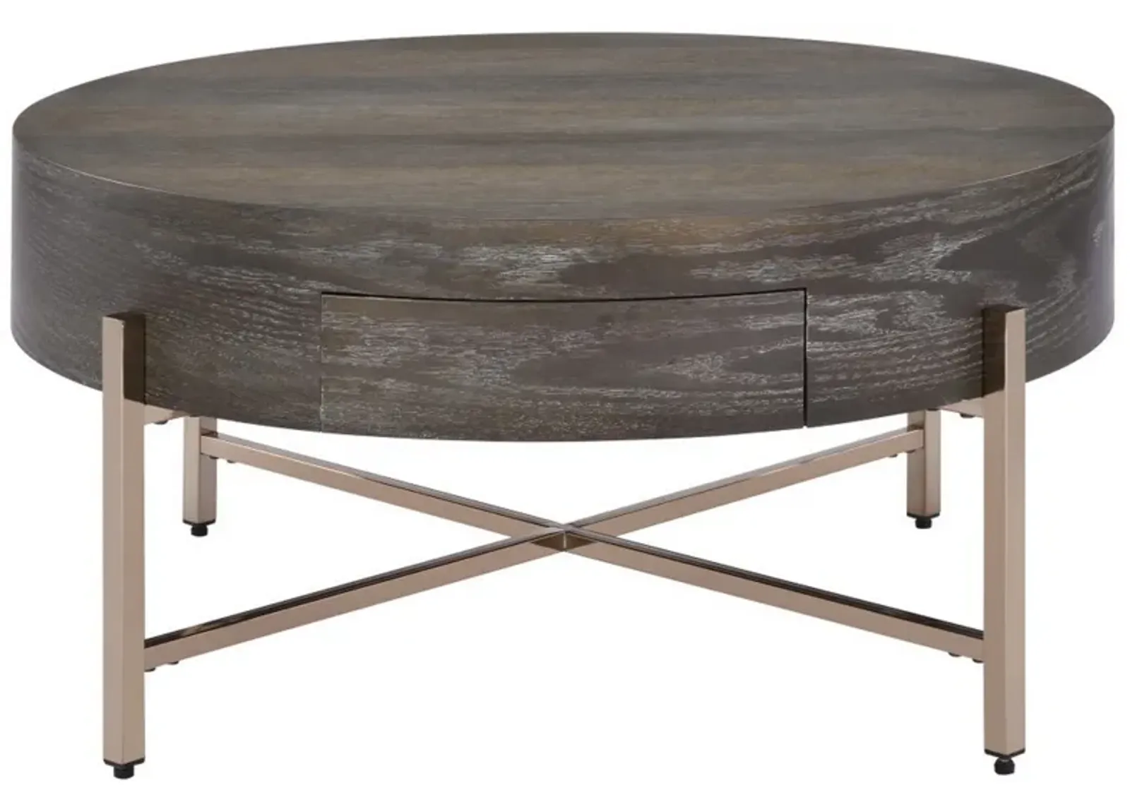 1 Drawer Round Modern Coffee Table with Crossed Metal Legs, Brown and Gold-Benzara