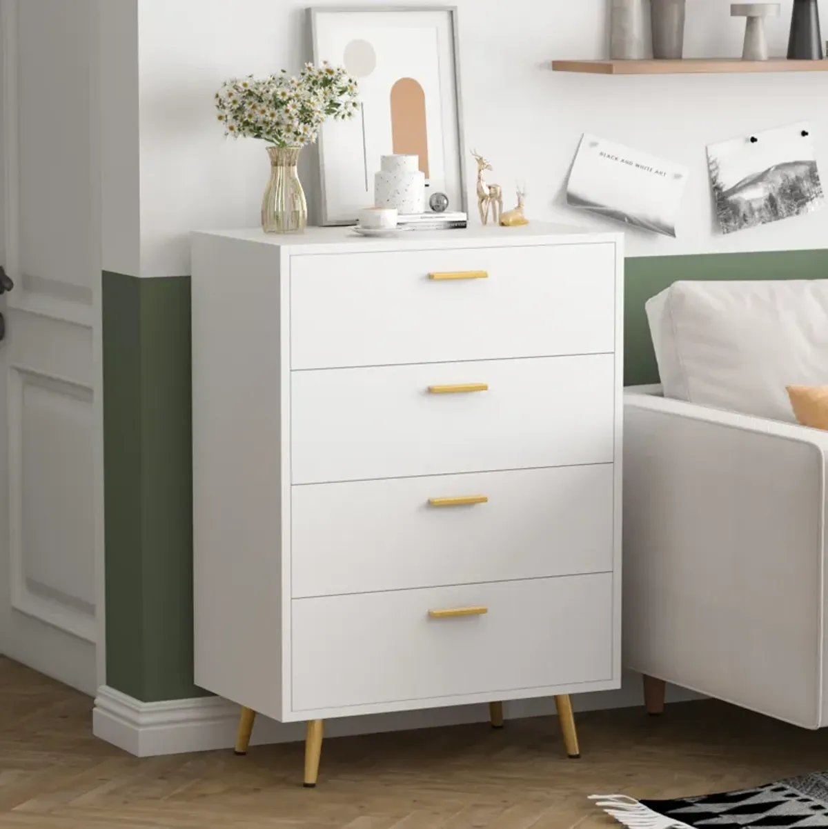 4-Drawers White Wood Chest of Drawer Accent Storage Cabinet Organizer with Metal Leg 37.5 in. Height