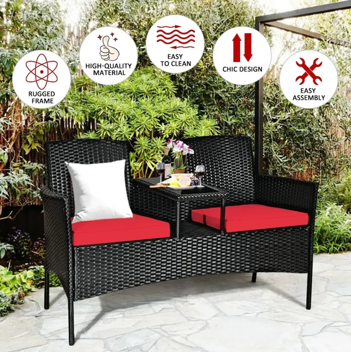 Wicker Patio Conversation Furniture Set with Removable Cushions and Table