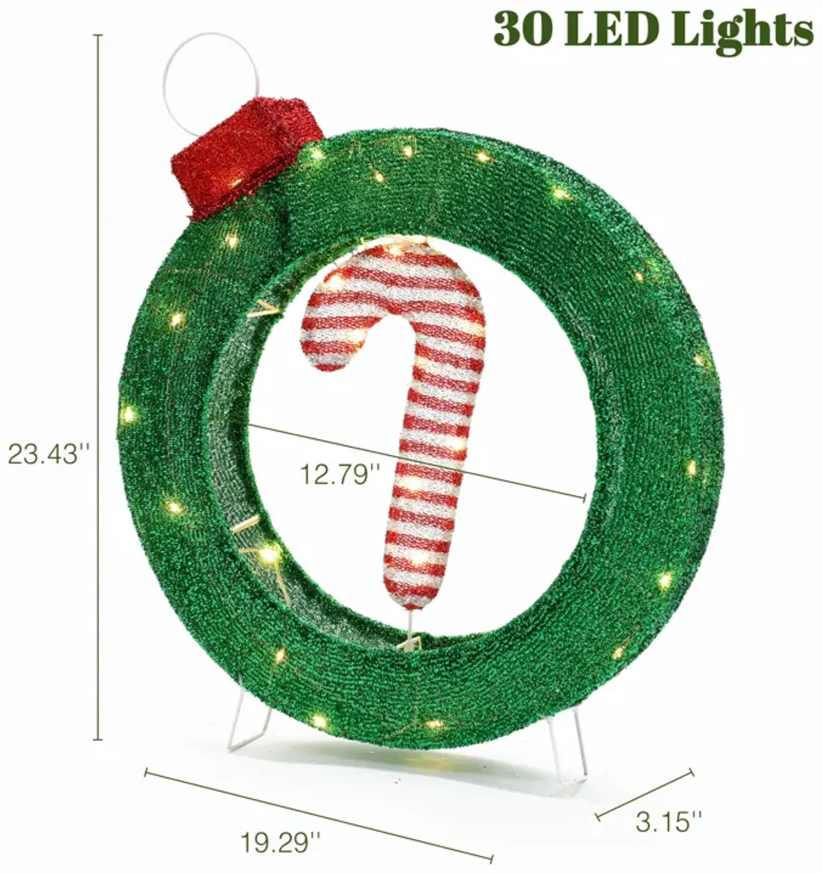 LuxenHome 1.9Ft Tall Ornament and Candy Cane Wreath Outdoor Holiday Decoration with Lights