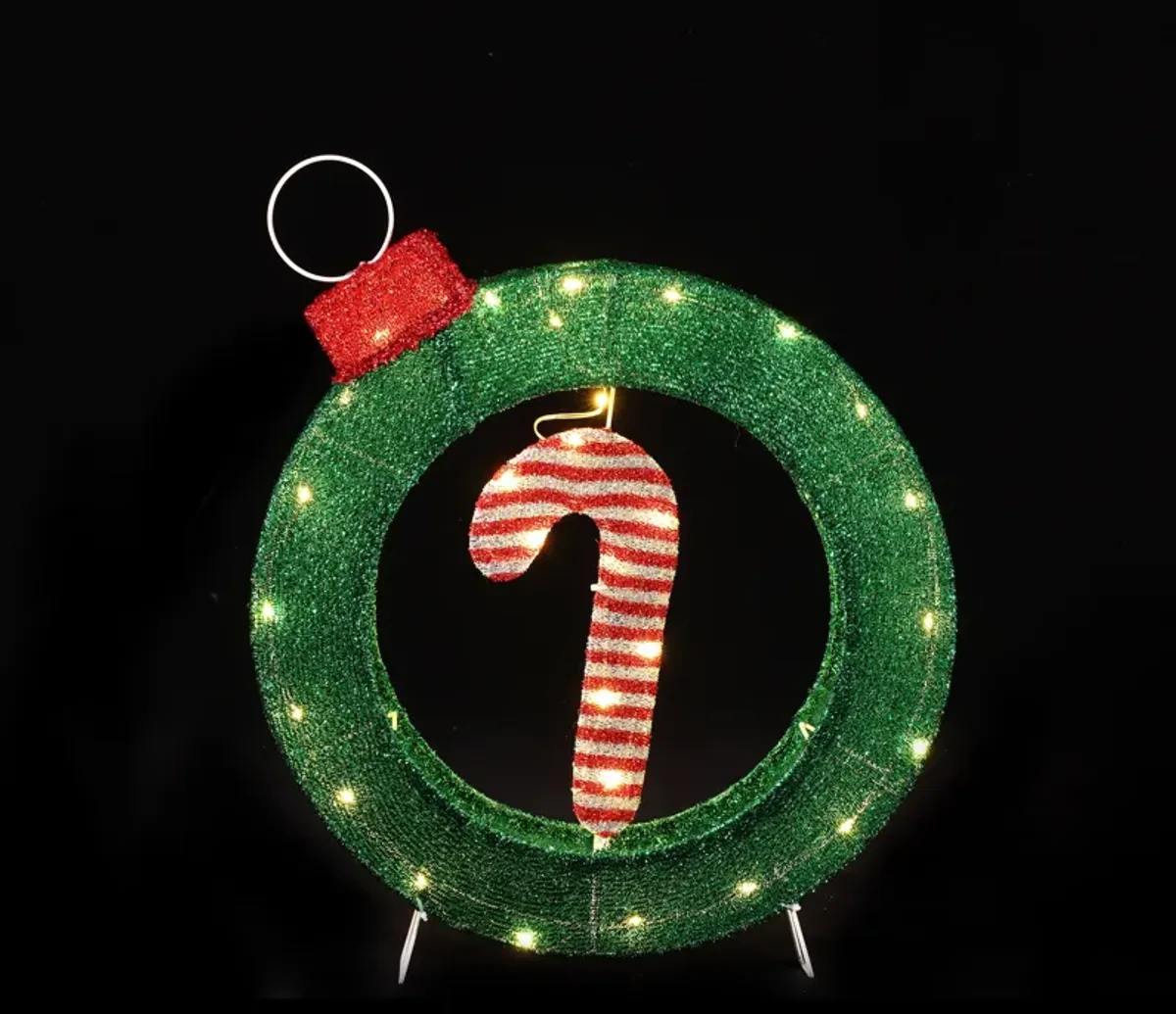 LuxenHome 1.9Ft Tall Ornament and Candy Cane Wreath Outdoor Holiday Decoration with Lights