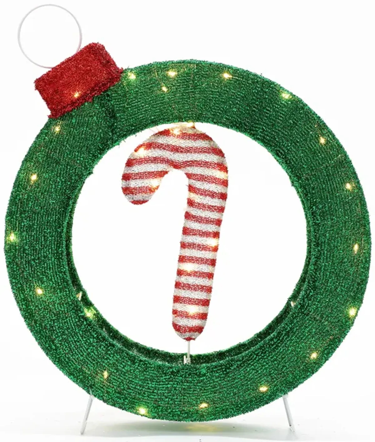 LuxenHome 1.9Ft Tall Ornament and Candy Cane Wreath Outdoor Holiday Decoration with Lights