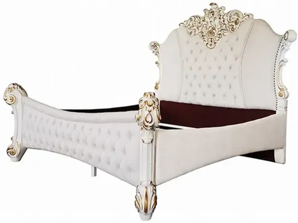 Antoine King Size Bed, Ivory Faux Leather Victorian Carved Pearl White - Benzara