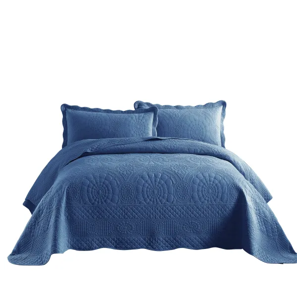 MarCielo 3 PCS 100% Cotton Oversized Bedspread Quilt Set Embroidery TF