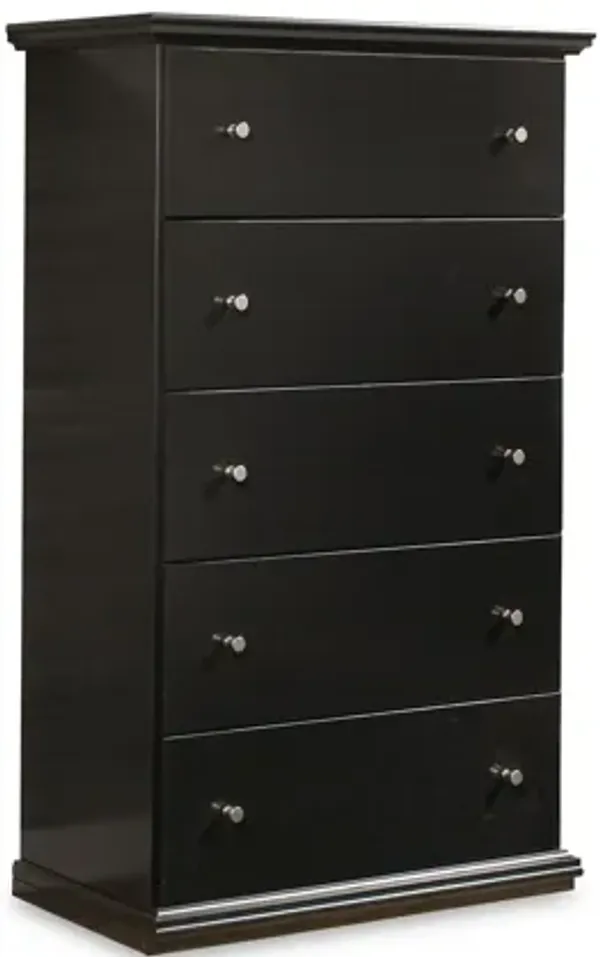 Boli Tall Dresser Chest, 5 Storage Drawers, Black Molded Trim Details - Benzara