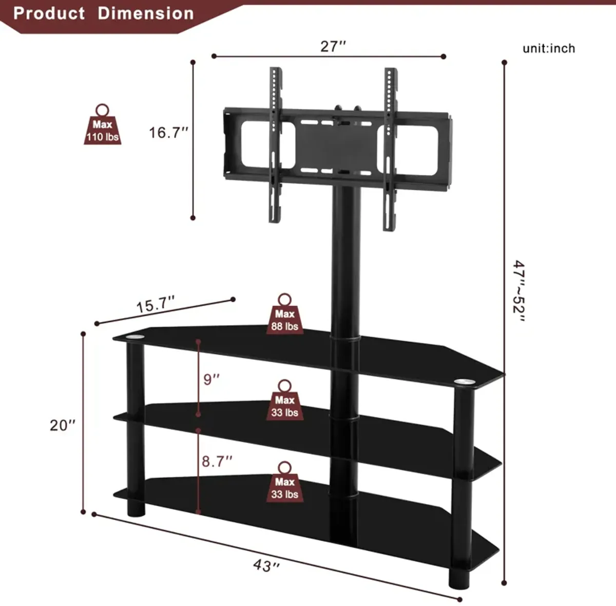 Multi-Function TV Stand Height Adjustable Bracket Swivel 3-Tier