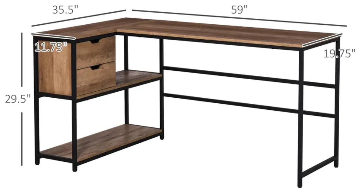 L-Shaped Home Office Desk with Storage Shelves & Steel Frame