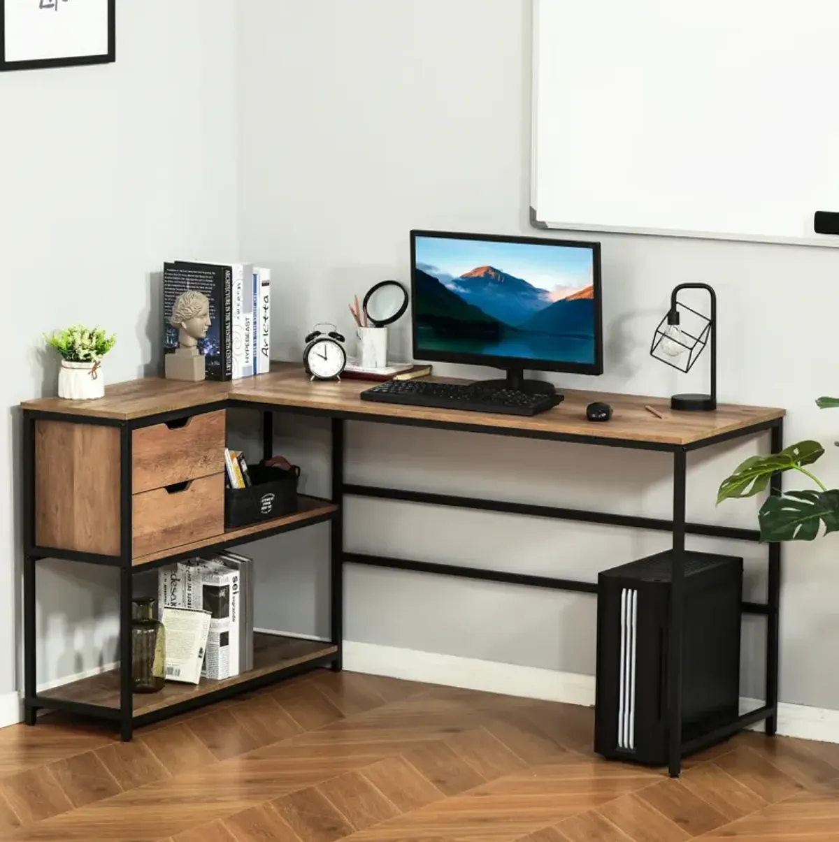 L-Shaped Home Office Desk with Storage Shelves & Steel Frame