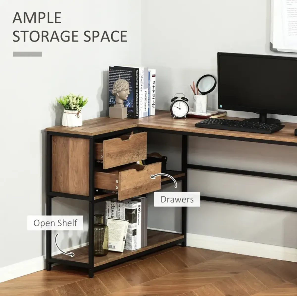 L-Shaped Home Office Desk with Storage Shelves & Steel Frame