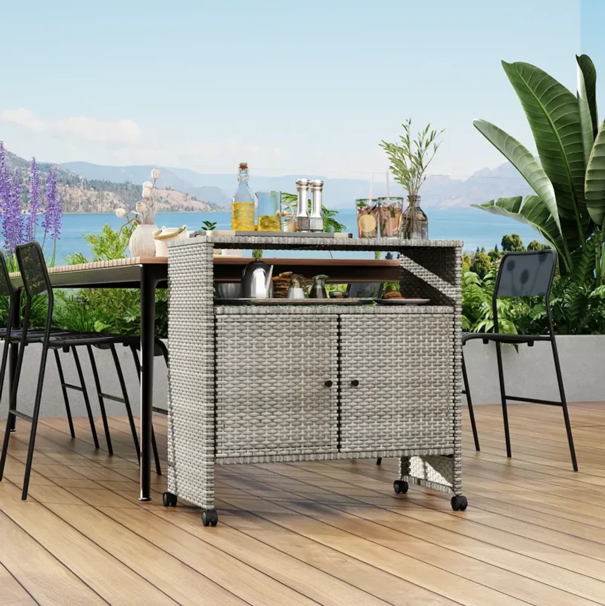 Outdoor Wicker Island Bar Cart & Patio Bar Table, Rolling Wine Serving Cart with Storage for Backyard, Poolside, Garden