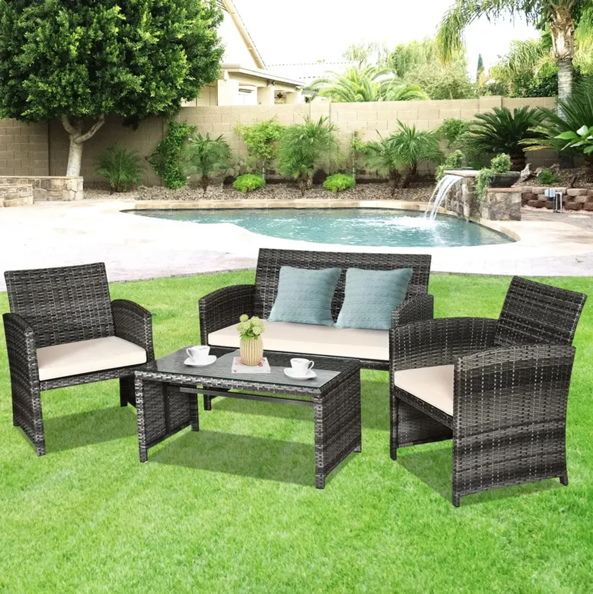 4 Pcs Patio Rattan Furniture Set Top Sofa With Glass Table