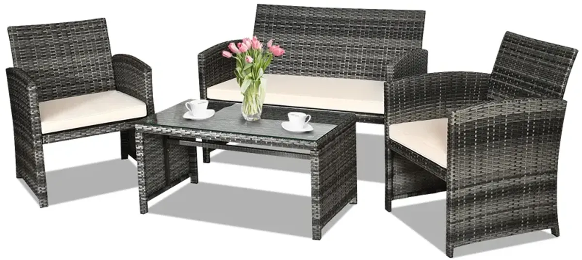 4 Pcs Patio Rattan Furniture Set Top Sofa With Glass Table