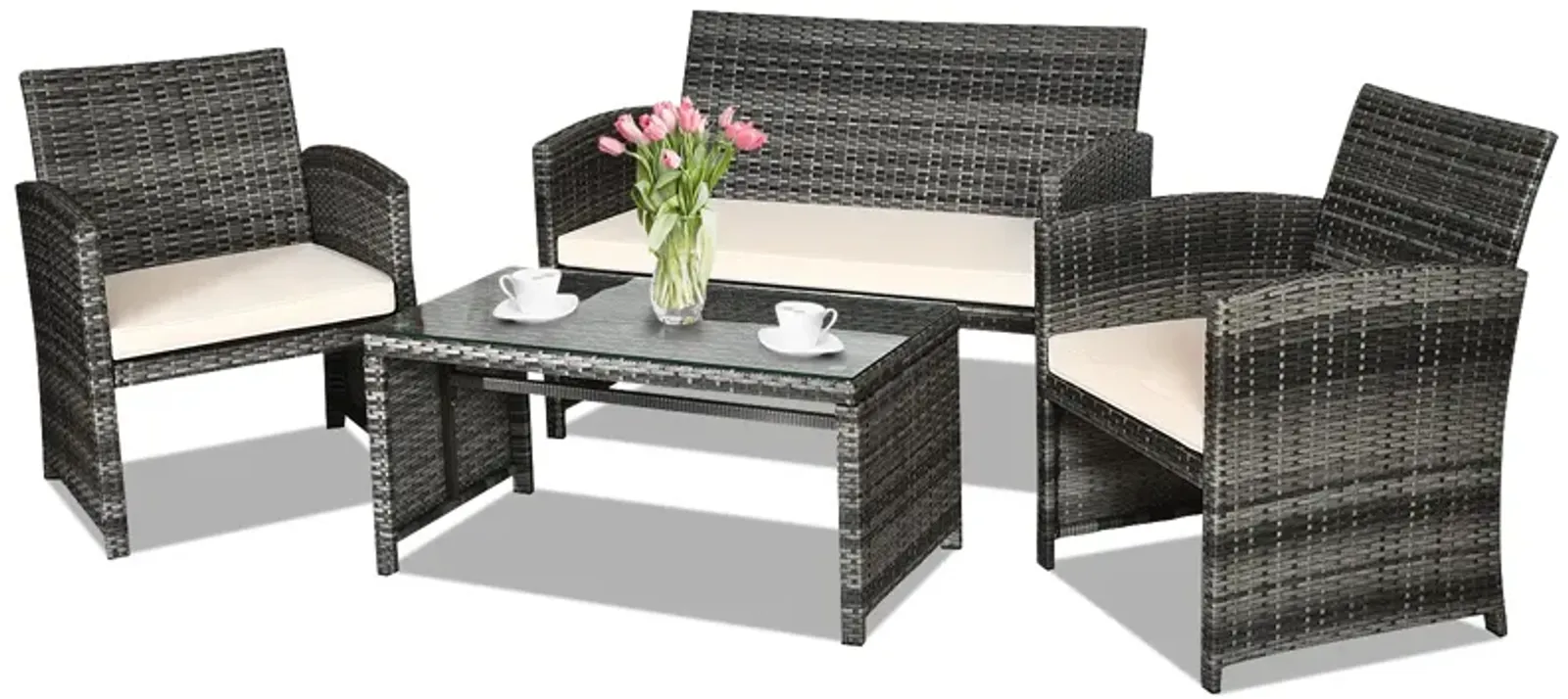 4 Pcs Patio Rattan Furniture Set Top Sofa With Glass Table